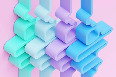 Farklı renklerde bir stereo şeridin 3 boyutlu çizimi. Geometrik çizgiler dalgalara benzer. Soyut renkli parlayan çizgi deseni