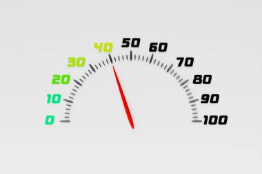 Üç boyutlu illüstrasyon araba panelini kapat, dijital parlak hız göstergesi. Hız göstergesi iğnesi saatte 40 km hız gösteriyor.