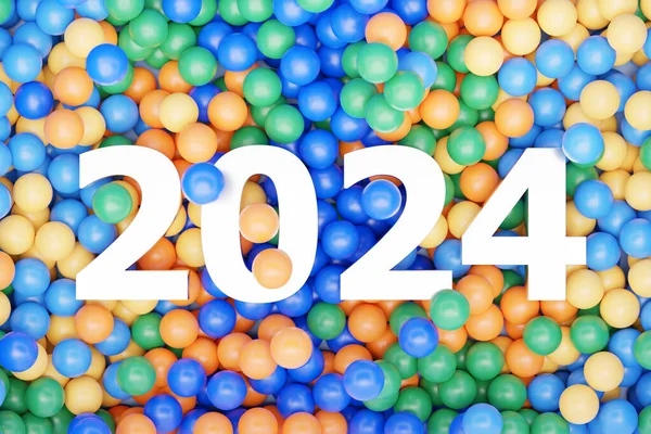 3D图解快乐新年2024背景模板 假日体积三维插图的黄色数字2024 节日海报或横幅设计 现代快乐新年背景 — 图库照片