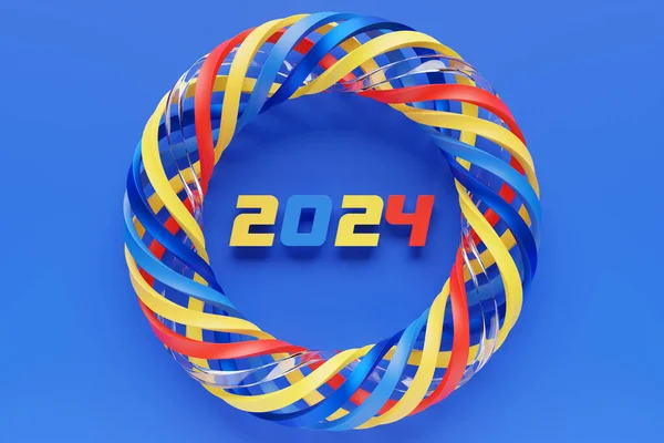 日历标头编号2024在彩色圆环背景上 新年快乐2024色彩斑斓的背景 — 图库照片
