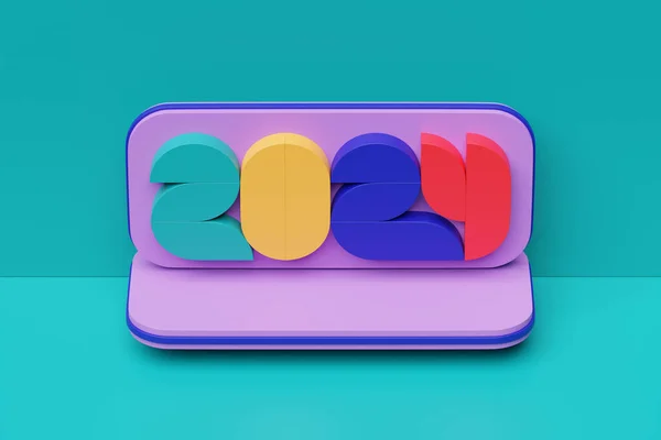 青い背景に3D現実的な年の数が付いている2024の新しい年のカード 3Dイラスト 大晦日の挨拶のテキストのためのスペースの角度で2024を表します 新年のコーポレートバナー — ストック写真