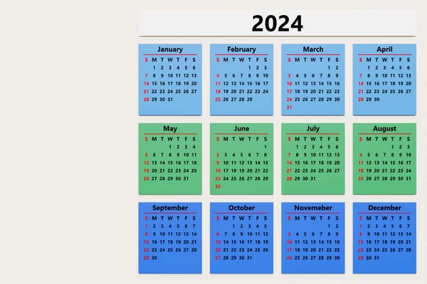 Többszínű Havi Naptár Sablon Minimalista Stílusban 2024 Függőleges Nyomtatható Naptár — Stock Fotó