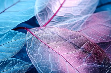 Macro leaves background texture blue, turquoise, pink color. Transparent leaves of the skeleton. generate Ai clipart