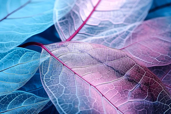 Макро Оставляет Текстуру Фона Голубой Бирюзовый Розовый Цвет Прозрачные Листья — стоковое фото
