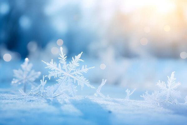 Макро снежинки покрыты морозом в холодное время года под ярким солнцем, размытый фон. Прозрачные листья скелета. генерировать Ай