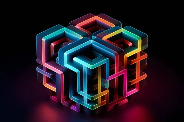 Illustration Cube Néon Coloré Volumétrique Modèle Parallélogramme Géométrie Technologie Fond — Photo