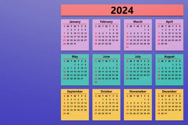 Calendar 2024 week, 12 months, corporate design planner template.