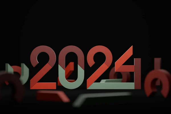 2024 Calligraphy Numbers Black Background New Year Celebration Balls Flyers — Stock Photo, Image