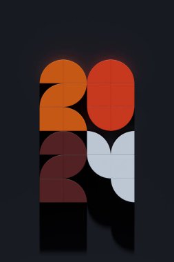 Hoş geldin yaratıcı kavram 2024. Mutlu yıllar 2024. Siyah arkaplan üzerine 3B olağanüstü metin, 3B illüstrasyon