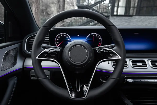 Interior Dashboard Player Steering Wheel Buttons Speedometer Tachometer — Stock Photo, Image