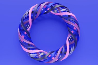 Mavi arka planda renkli bir torusun 3 boyutlu çizimi. Harika bir hücre. Basit geometrik şekiller.