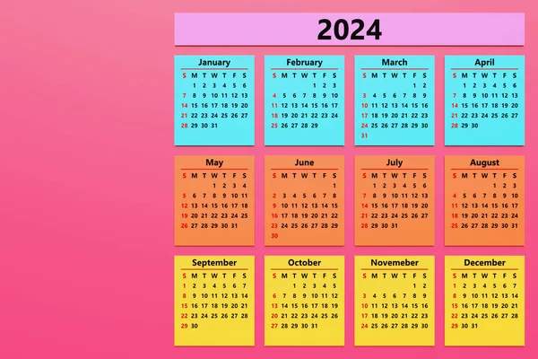 Bunte Monatskalender Vorlage Minimalistischen Stil Für 2024 Vertikal Druckbarer Kalender — Stockfoto