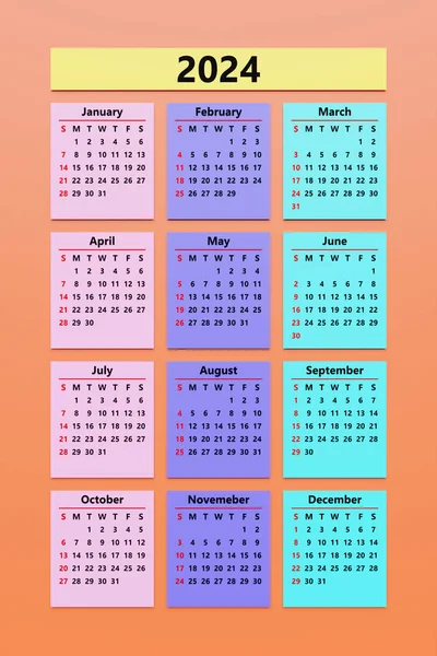 Bunte Monatskalender Vorlage Minimalistischen Stil Für 2024 Vertikal Druckbarer Kalender — Stockfoto