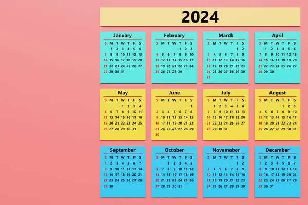2024年のミニマリストスタイルの多彩な月間カレンダーテンプレート 垂直印刷可能なカレンダー 12か月セットしました 現在および将来の月のページ — ストック写真