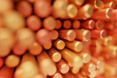 Soyut bir arkaplan ve bir sürü turuncu silindirin 3 boyutlu çizimi. Geometrik yapı. 3 boyutlu görselleştirme. Minimalizm geometri arka planı