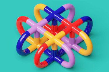 3D illustration, neon illusion isometric abstract shapes colorful shapes intertwined