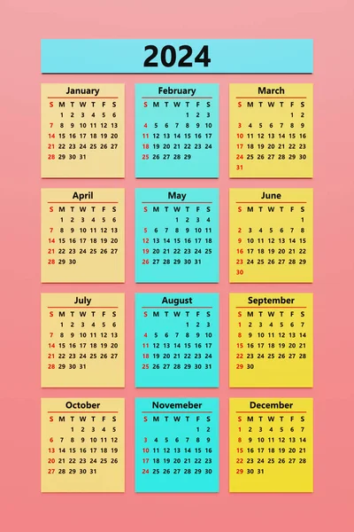 Классический Красочный Месячный Календарь 2024 Год Календарь Стиле Минималистской Квадратной — стоковое фото