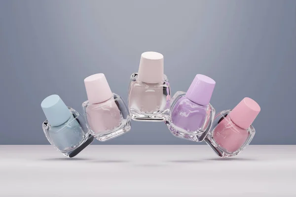 3d illustration of the Row of nail polish bottles with different colors