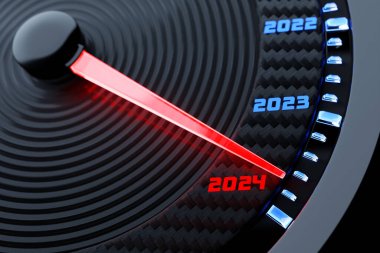 3D illüstrasyon siyah hız göstergesini 2023,2024 ile kapatın. Yeni yıl konsepti ve otomotiv alanında Noel. Yeni yıla kadar aylar, zaman sayılıyor.
