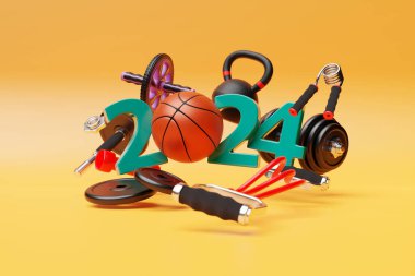 3D tasarım mutlu yıllar 2024 ve spor ekipmanları. Spor malzemeleri: kettlebell, dambıl, spor için elastik bant, basın için jimnastik silindiri. Spor mutlu yeni yıl afişi