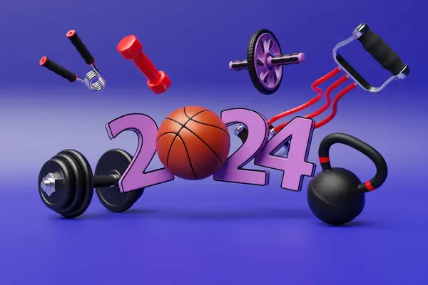 3d illustration of  design happy new year 2024  and sports equipment. Sports equipment: kettlebell, dumbbell, elastic band for sports, gymnastic roller for the press. Sport happy new year  banner