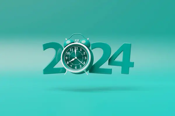 Close-up of  calendar header number 2024  with  blue retro clock on a blue background, 3D illustration. Changeability of years.