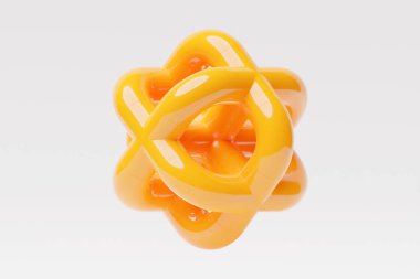 Üç boyutlu illüstrasyon, sarı illüzyon, izometrik soyut şekiller, renkli şekiller iç içe geçmiş.