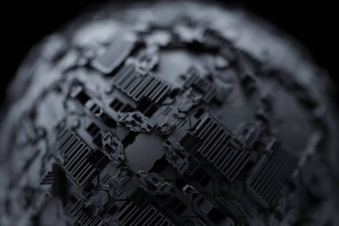 Siyah arka planda birçok yüzü olan siyah bir ışık topunun üç boyutlu çizimi. Siber top küresi