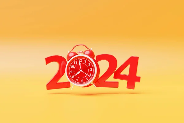 Close-up of  calendar header number 2024  with  red retro clock on a yellow background, 3D illustration. Changeability of years.