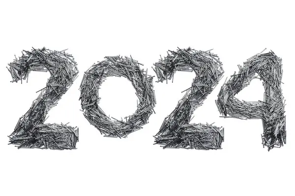 日历标头编号2024 由白色底座上的金属小钉子制成 新年快乐2024色彩斑斓的背景 — 图库照片