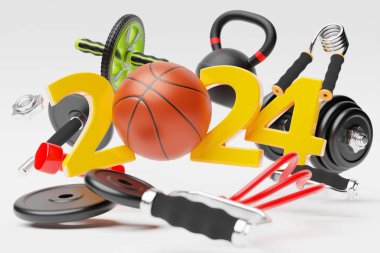 3D tasarım mutlu yıllar 2024 ve spor ekipmanları. Spor malzemeleri: kettlebell, dambıl, spor için elastik bant, basın için jimnastik silindiri. Spor mutlu yeni yıl afişi