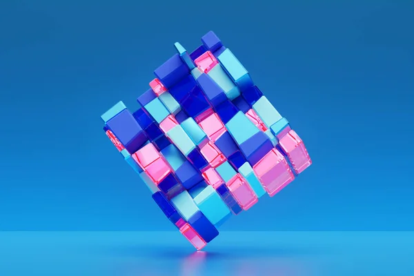 Illustration Multicolored Cube Many Geometric Objects Different Textures Colors Blue — Stock Photo, Image