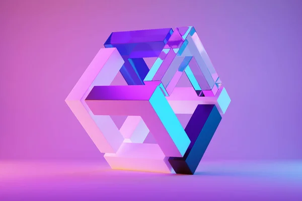 ピンクの背景にネオンライトの下にカラフルなキューブの3Dイラスト デジタルシェイプフライング — ストック写真