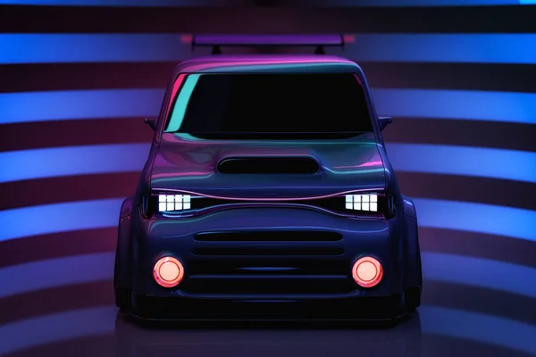 Futuristic Hatchback Car Neon Background Powerful Cartoon Car Colorful Lights — Stock Photo, Image