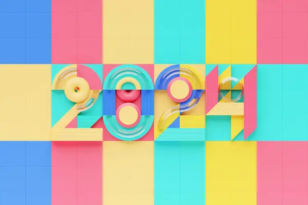 3d illustration Happy new year 2024 background template. Holiday volumetric 3D illustration of the  red number 2024. Festive poster or banner design. Modern happy new year background