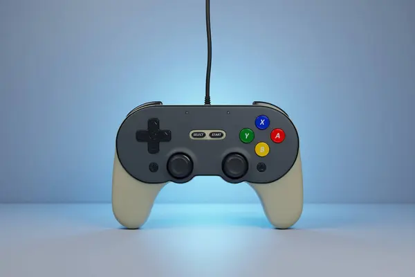 现实的灰色控制杆为蓝色背景的电子游戏控制器 用于云游戏和游戏玩家工作空间概念的流齿轮三维渲染 — 图库照片
