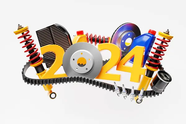 3D图上2024年的题词和白色隔离背景的汽车零部件 汽车修理零件汽车领域的新年和圣诞节的概念 — 图库照片