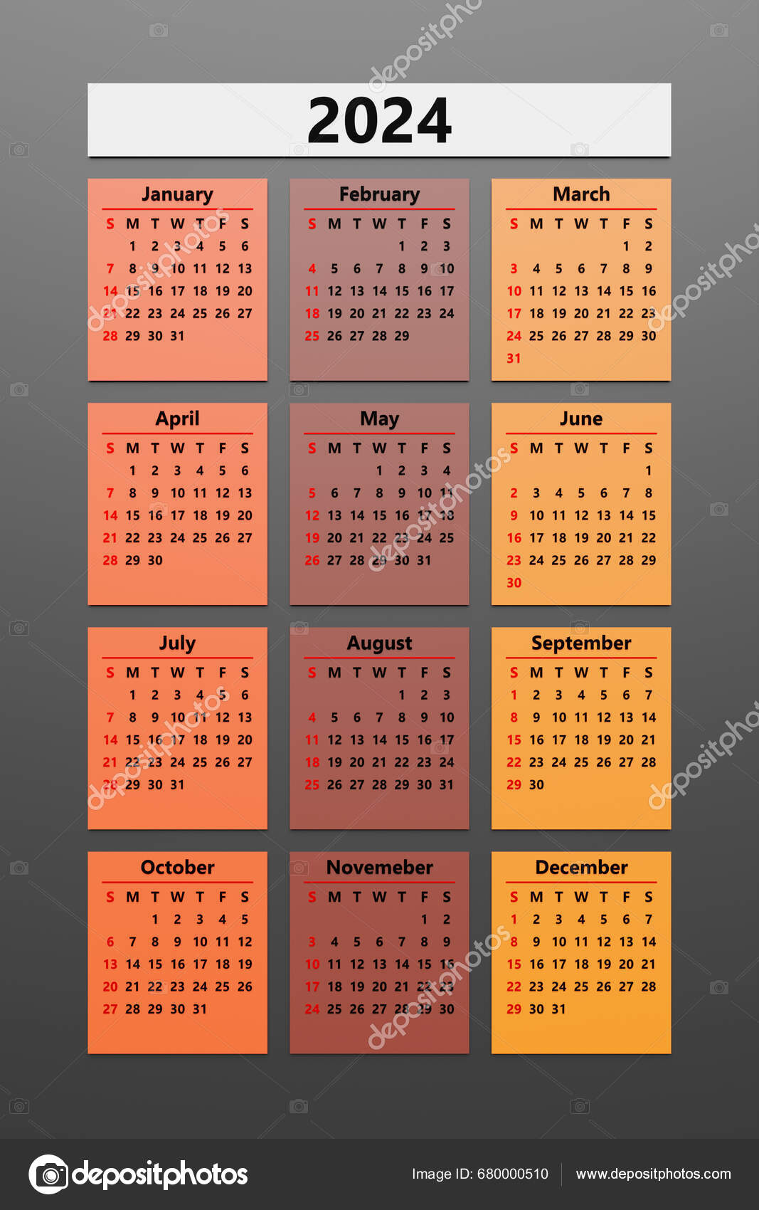 Kalender 2024 Minggu Bulan Desain Perusahaan Templat — Stok Foto