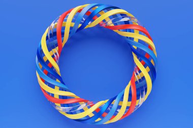 Mavi arka planda renkli bir torusun 3 boyutlu çizimi. Harika bir hücre. Basit geometrik şekiller.