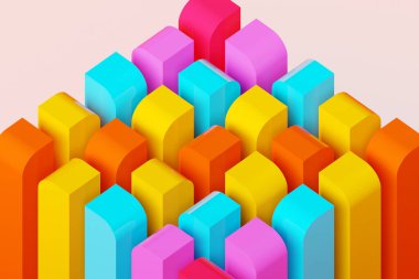  3D illustration volumetric  colorful  cubes. Parallelogram pattern. Technology geometry neon background