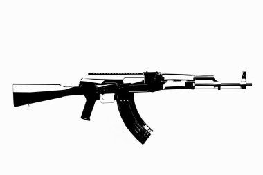 Beyaz arka planda izole edilmiş siyah bir makineli tüfeğin üç boyutlu çizimi. Yüksek teknolojili bir silahın konsept tasarımı
