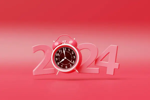 Close-up of  calendar header number 2024  with  pink retro clock on a pink background, 3D illustration. Changeability of years.