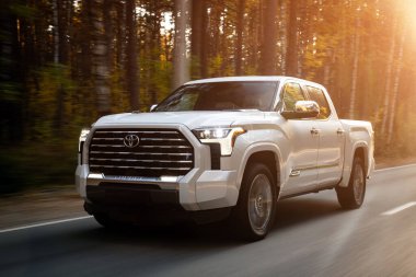 Novosibirsk, Rusya - Ekim 06, 2023: Beyaz Toyota Tundra, sıcak bir günde bir ormanın arka planına karşı araba sürüyor.