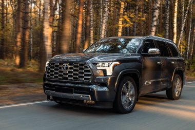 Novosibirsk, Rusya - Ekim 06, 2023: gri Toyota Sequoia, parkta SUV, yan görüş