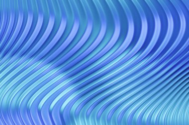 Farklı renklerde bir stereo şeridin 3 boyutlu çizimi. Geometrik çizgiler dalgalara benzer. Soyut mavi parlayan çizgi deseni