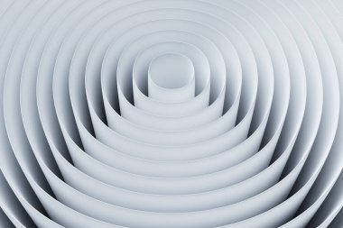 Üç boyutlu resimleme beyaz fütüristik ve yaratıcı geometrik desenler duvar kağıdı. Moda eğilimli şekiller kompozisyonu. Renkli yarım ton eğimleri.