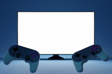 Mavi arka planda beyaz ekranın önünde duran bir bilgisayar oyunu denetleyicisi için gerçekçi siyah joystick. Bulut oyunu ve oyuncu çalışma alanı konsepti için 3B donanım görüntüleme