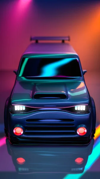 ネオンバックの未来的なハッチバックカー カラフルなライトとトラックを持つ強力な漫画車 3Dイラスト — ストック写真