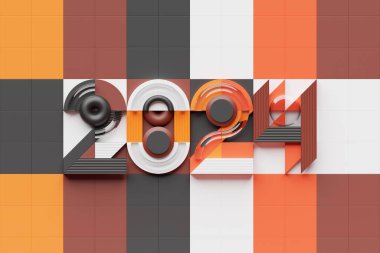 3D illüstrasyon Mutlu yıllar 2024 arkaplan şablonu. Kırmızı 2024 sayısının 3 boyutlu tatil hacmi illüstrasyonu. Bayram posteri ya da afiş tasarımı. Modern mutlu yeni yıl geçmişi