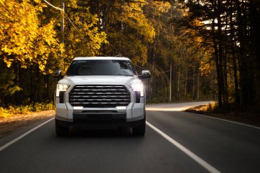 Ilık bir günde, bir ormanın arka planında beyaz bir SUV sürüyordu.